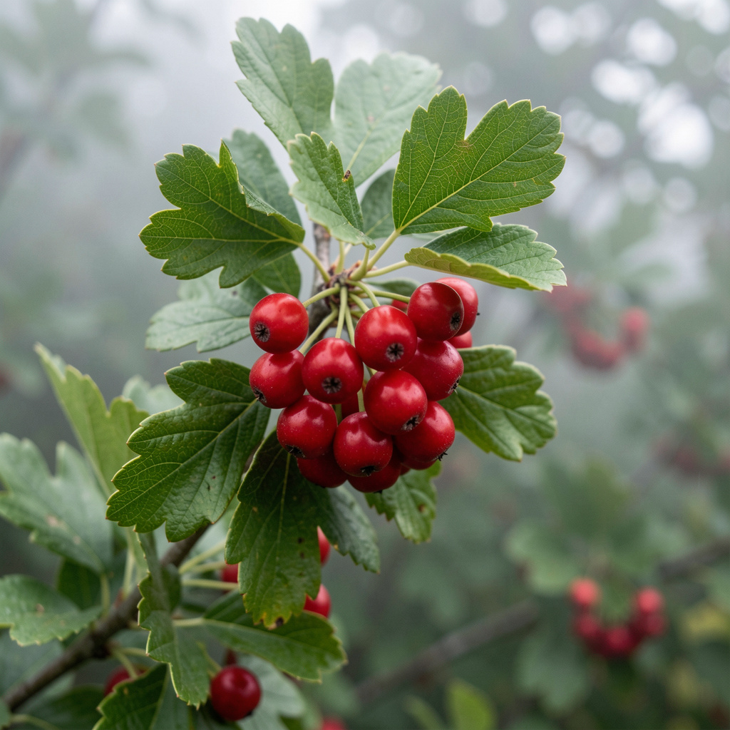 Fresh hawthorn berries on branch with green leaves